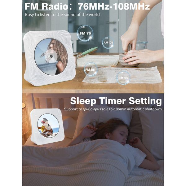 Rechargeable Kpop Music Player with HiFi Speaker, Remote, LCD Display, Sleep Timer, Headphone Jack, Supports Multiple Media Formats (White)