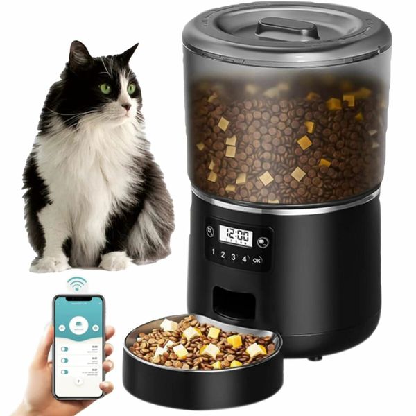 Smart WiFi Pet Feeder Food Dispenser with APP Control for Automatic Timed Feeding, Durable stainless steel bowl(Black)