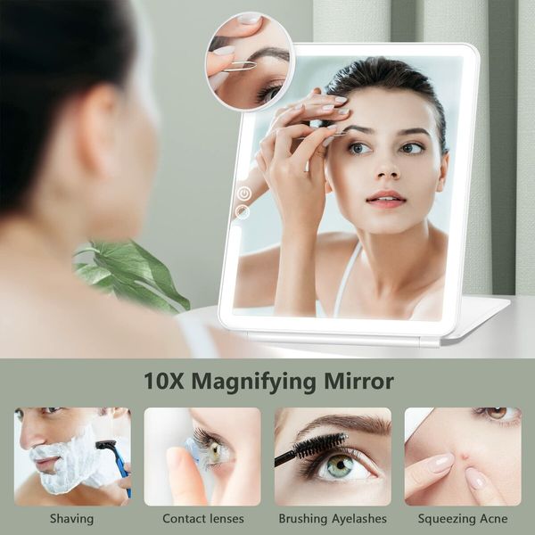 Large Travel Makeup Mirror with 10X Magnification, 3 Color，Rechargeable Lighting, and Portable  Ultra Slim Design