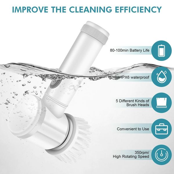 Powerful Cordless Electric Scrubbing Brush Motorized Bathroom Spin Scrubber w/5 Replaceable Heads for Bathtub Floor Wall Tile Toilet Window Sink