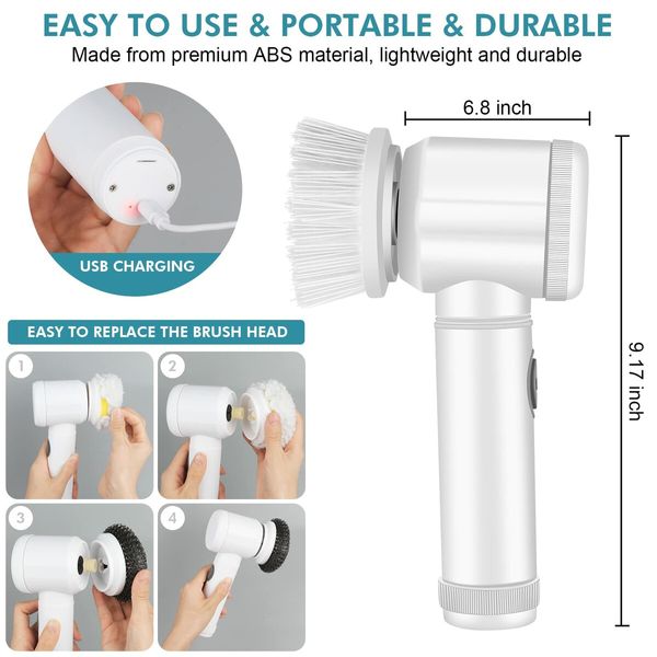 Powerful Cordless Electric Scrubbing Brush Motorized Bathroom Spin Scrubber w/5 Replaceable Heads for Bathtub Floor Wall Tile Toilet Window Sink