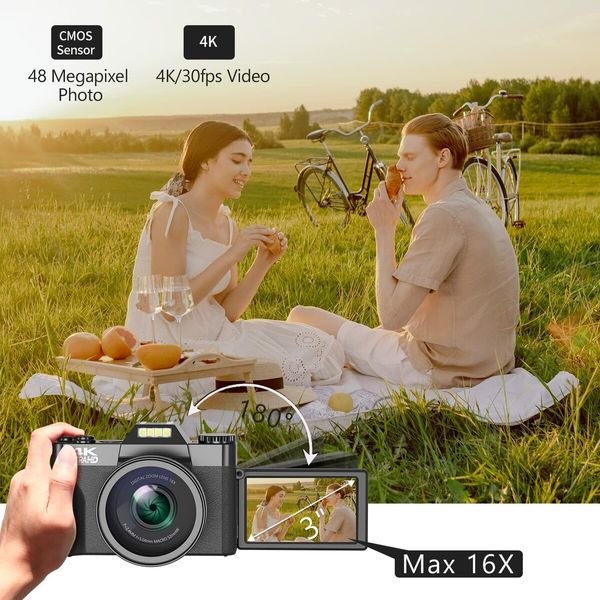 4K Digital Camera with WiFi,Touch Screen,48MP Vlogging Perfect for creating YouTube content,32GB SD Card,Lens Hood,16X Digital Zoom,52mm Wide Angle & Macro Lens,2 Batteries(Black)