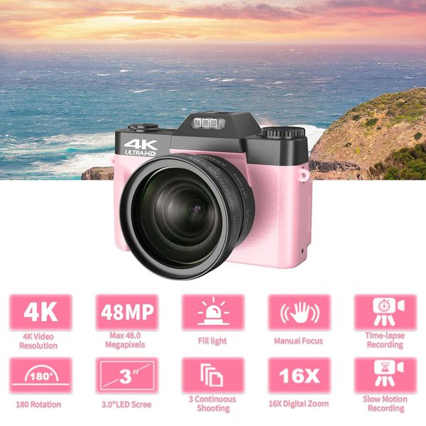 4K 48MP Vlogging Camera with 16X Zoom,Manual Focus,Rechargeable Battery,52mm Wide-Angle Lens & Macro Lens,32G Micro Card and 2 Batteries (Pink)