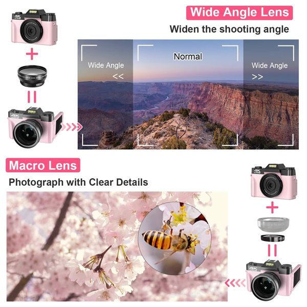 4K 48MP Vlogging Camera with 16X Zoom,Manual Focus,Rechargeable Battery,52mm Wide-Angle Lens & Macro Lens,32G Micro Card and 2 Batteries (Pink)