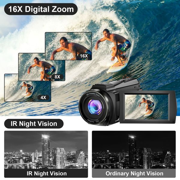 Crystal-Clear 48MP UHD 5K Video Camera Camcorder with IR Night Vision,16X Digital Zoom Touch Screen,External Microphone,Lens Hood,Stabilizer,Remote,2 Batteries,Perfect for Vlogging with Built-in Wifi