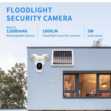 1080p Solar-Powered WiFi Floodlight Camera with Color Night Vision,PIR motion detection for accurate alerts