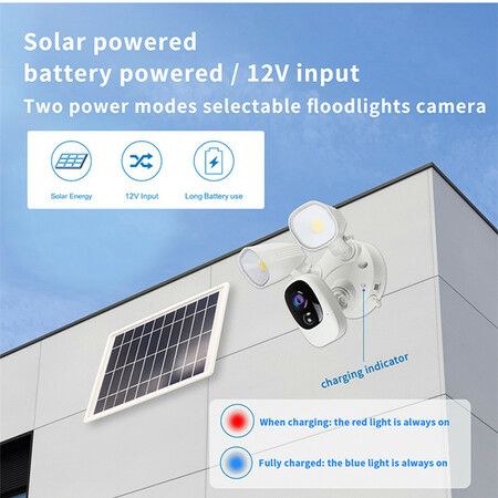 1080p Solar-Powered WiFi Floodlight Camera with Color Night Vision,PIR motion detection for accurate alerts