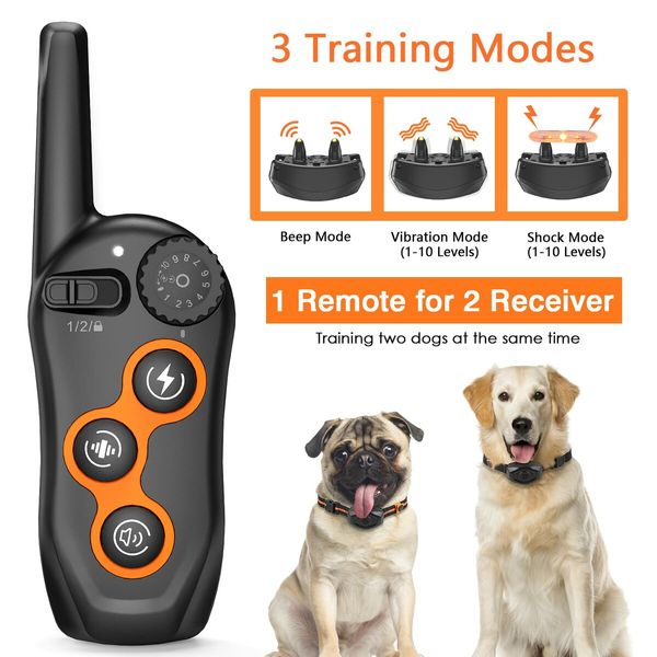 IPX7 Waterproof Anti Bark 2 Dogs Electric Shock Collar with  1300ft Remote Range Training Control, Beep Vibration Shock 3 Training Modes, Rechargeable Ecollar for Small Medium Large Dogs