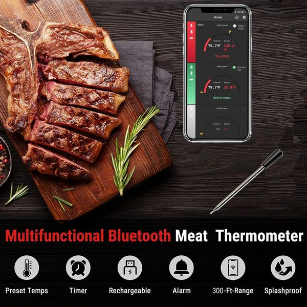 Digital Bluetooth Meat Cooking Thermometer with 300ft Wireless Range & Alert Versatile Use for Grilling Roasting Baking