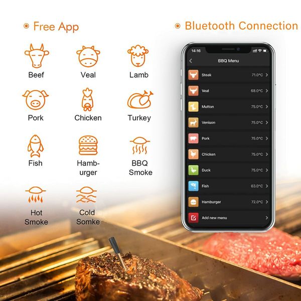 Digital Bluetooth Meat Cooking Thermometer with 300ft Wireless Range & Alert Versatile Use for Grilling Roasting Baking