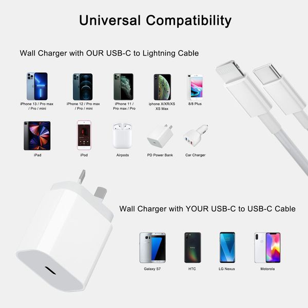 iPhone 20W Fast Charger USB-C Power Delivery Wall Plug 6ft Lightning Cable Quick Charge Data Sync iPhone14 13 12 11 Pro Max Mini Xs Xr X 8 iPad