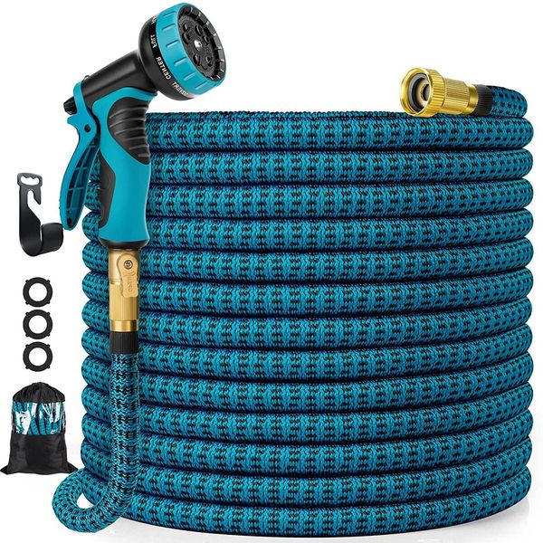 Premium 100ft Expandable Garden Hose with 10-Function Spray Nozzle, Extra Durable 3750D Latex, Leakproof Solid Brass Fittings, Flexible & Lightweight Perfect for watering gardens lawns cars