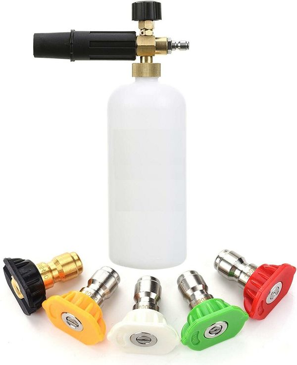 1 Liter Foam Cannon with 5 Pressure Washer Nozzle Tips - 1/4 Inch Quick Connector