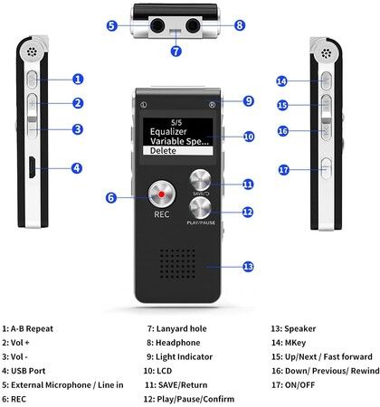 16GB Digital Voice Recorder: USB Rechargeable Dictaphone with Playback for Lectures and More