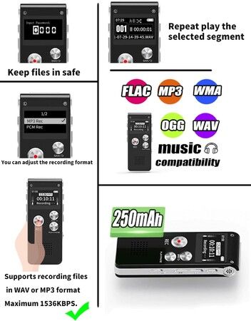 16GB Digital Voice Recorder: USB Rechargeable Dictaphone with Playback for Lectures and More