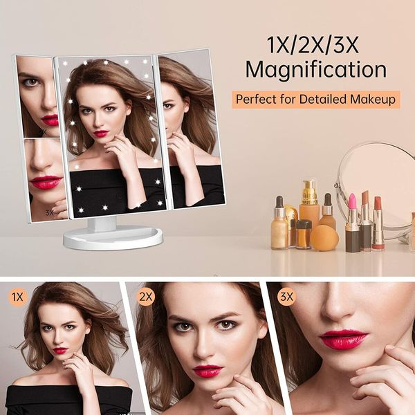 Makeup Vanity Mirror with Lights & Magnification (1x, 2x, 4x), Touch Control, Trifold, Portable LED, Dual Power Supply - Perfect Gift for Women (White)