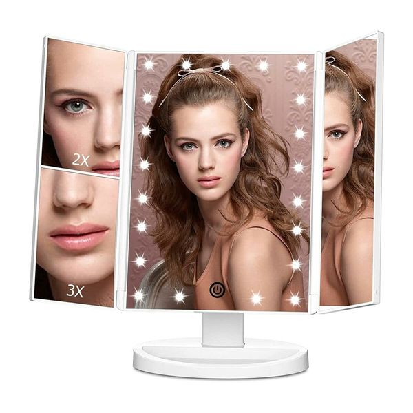 Makeup Vanity Mirror with Lights & Magnification (1x, 2x, 4x), Touch Control, Trifold, Portable LED, Dual Power Supply - Perfect Gift for Women (White)