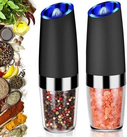 2 Set Automatic Electric Salt and Pepper Grinder with effortless grinding Gravity Activation,Adjustable coarseness for customize the grind to your taste,Blue LED Light,Refillable design