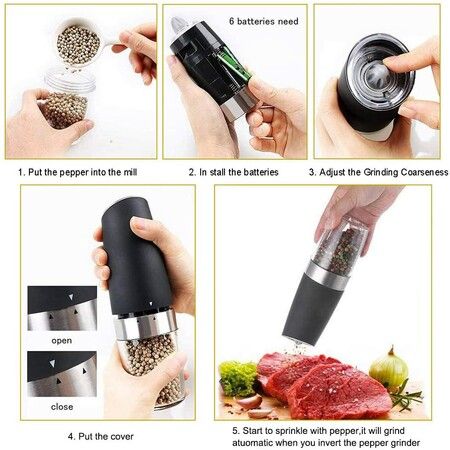 2 Set Automatic Electric Salt and Pepper Grinder with effortless grinding Gravity Activation,Adjustable coarseness for customize the grind to your taste,Blue LED Light,Refillable design