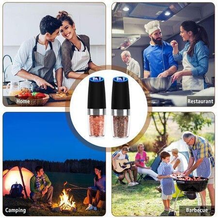 2 Set Automatic Electric Salt and Pepper Grinder with effortless grinding Gravity Activation,Adjustable coarseness for customize the grind to your taste,Blue LED Light,Refillable design