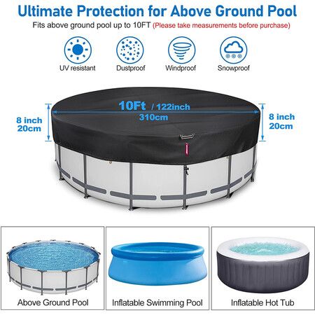 Durable 10FT anti-fade Round Solar Pool Cover with Tear-resistant 500D material, Windproof Strap, Drawstring, Ground Nails(Black)