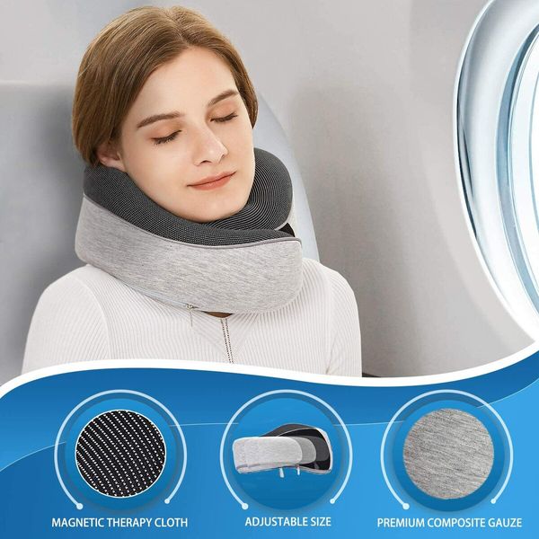 Adjustable Travel Neck Pillow with Chin Support for Optimal Comfort and Support-100% Pure Memory Foam Grey