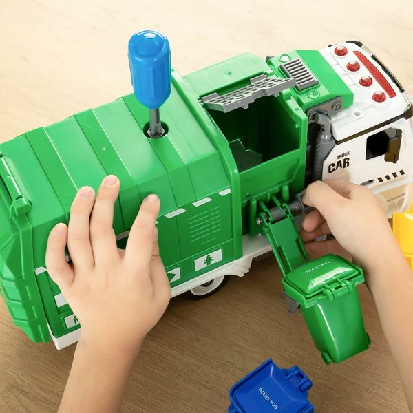 Build-Your-Own Recycling Garbage Truck: Friction Powered, Side-Dumping Toy for Kids Ages 3 and Up