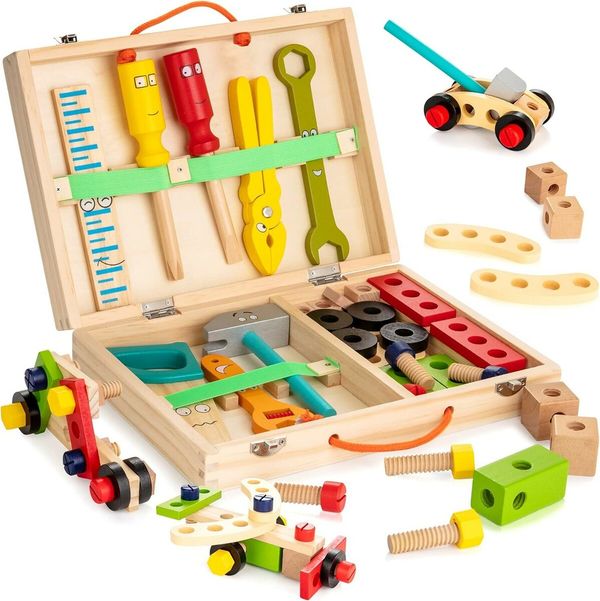 37-Piece Wooden Tool Kit for Kids Ages 3-7, Encouraging Creativity and Imagination