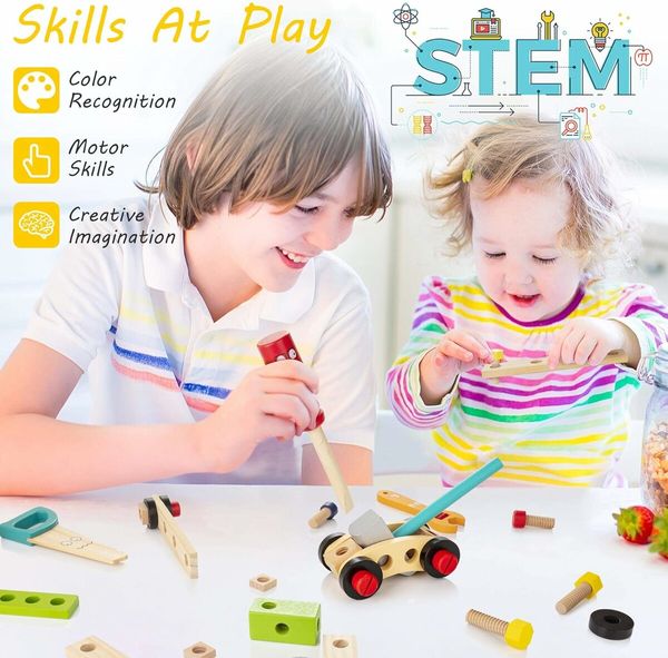 37-Piece Wooden Tool Kit for Kids Ages 3-7, Encouraging Creativity and Imagination