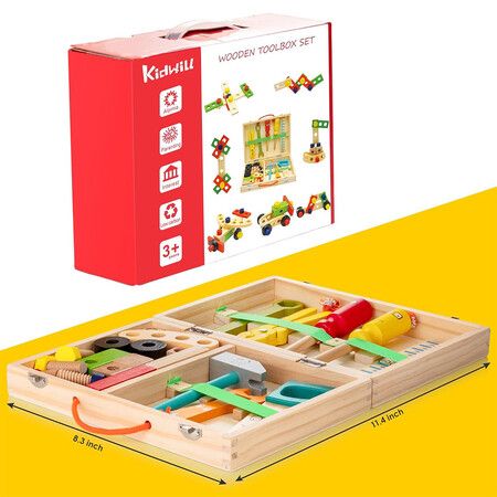 37-Piece Wooden Tool Kit for Kids Ages 3-7, Encouraging Creativity and Imagination