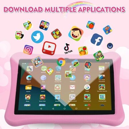 Large Screen 10.1" Kid Tablet with Parental Control, Android 12 Quad Core CPU, 4GB+64GB, 360° Rotating Handle, and Shockproof Case - Pink