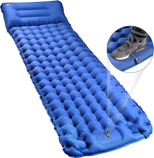 4" Thick Self-Inflating Camping Mattress with Foot Pump, Pillow, and Ultra-Light Design for a Restful Night's Sleep Under the Stars (Blue)