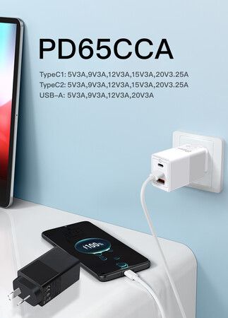 65W 3-Port Type C GaN Wall Charger Adapter for iPhone 14/13/13Pro,Samsung S23/S22,MacBook Pro/Air,iPad