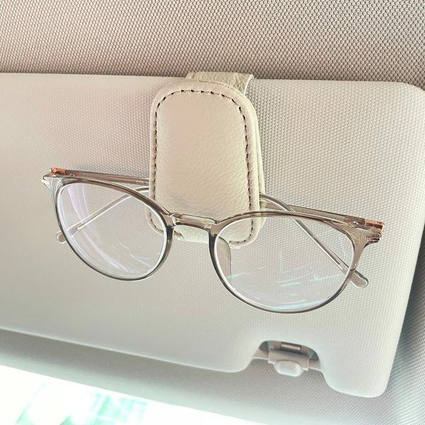 Magnetic Leather Sunglasses Eyeglass Holder Ticket Card Clip for Car Visor with Ticket and Card Clip (Beige)