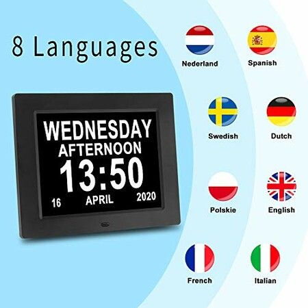 Over Size Digital Calendar Clock 8inch 17x22cm Display USB Media Player for Music Videos Pics Ideal for Seniors Elderly