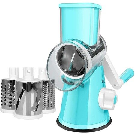 Versatile  Rotary Cheese Grater and Vegetable Slicer with Interchangeable 3 Blades for Effortless Food Prep(Blue)