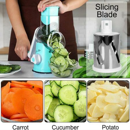 Versatile  Rotary Cheese Grater and Vegetable Slicer with Interchangeable 3 Blades for Effortless Food Prep(Blue)