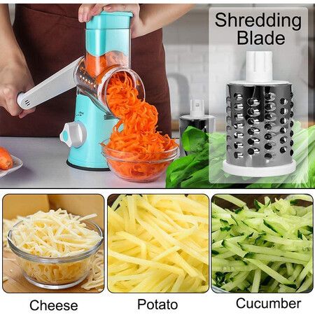 Versatile  Rotary Cheese Grater and Vegetable Slicer with Interchangeable 3 Blades for Effortless Food Prep(Blue)