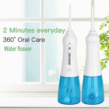 300mL Portable cordless Oral Irrigator Water Flosser with 2 Jet Tips, 3 cleaning modes, USB rechargeable Best for Travel & Home