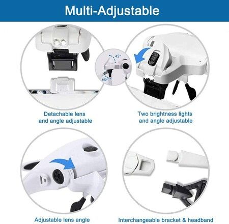 Hands-Free Rechargeable Head Mount Magnifier with LED Lights - Enhanced Reading, Inspection, and Close-Up Work for crafting, jewelry making