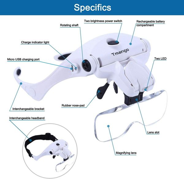 Hands-Free Rechargeable Head Mount Magnifier with LED Lights - Enhanced Reading, Inspection, and Close-Up Work for crafting, jewelry making