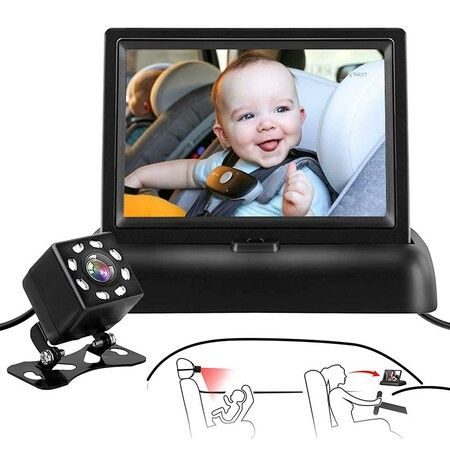 4.3'' HD Baby Car Mirror Camera: Full View, Night Vision, and 1080P Display for Monitoring Infants in Rear-Facing Car Seats