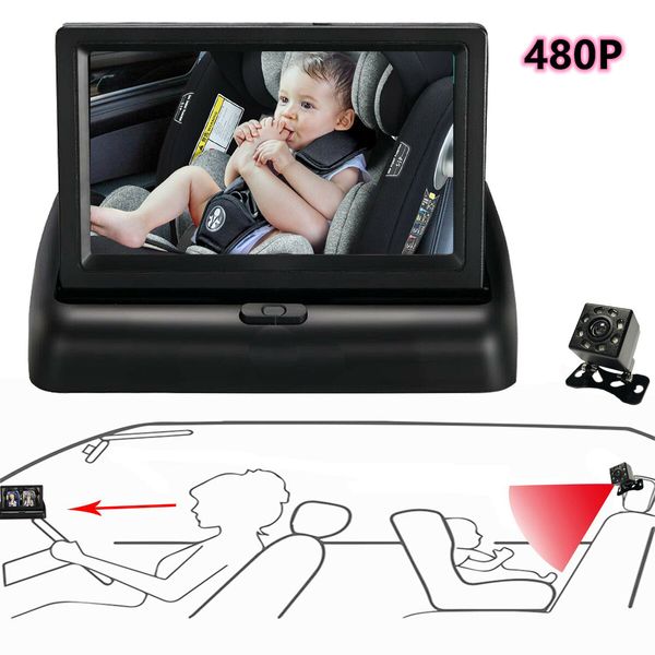 Large Clear 4.3" HD Baby Car Mirror Camera with Night Vision, 480P Resolution Delivers Detailed Images When Driving, Easily Attaches to Car Back seat