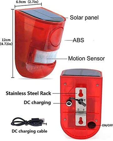 129db Security Siren Solar Sound & Light Alarm with Motion Sensor,Light for Protection of home,farm,villa,yard,barn