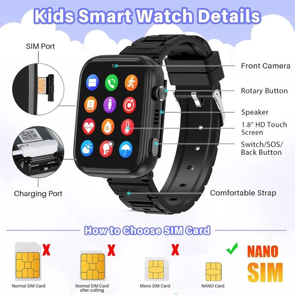 4G Smart Watch witj GPS Tracking, 2- Way Video Calling,Camera,SOS,WiFi,Touch Screen for Boys and Girls (Black)