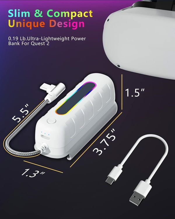 Ultra Lightweight Rechargeable RGB Light 5000mah Battery Pack for Meta/Oculus Quest 2 - Extend Your Playtime with 2-4 Extra Hours of Immersive Gaming