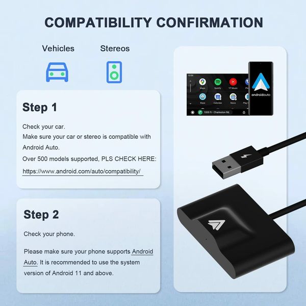 Wireless Android Auto Adapter for OEM Factory Cars Easy Setup Converts Wired to Wireless Auto Android Phones Dongle Plug and Play