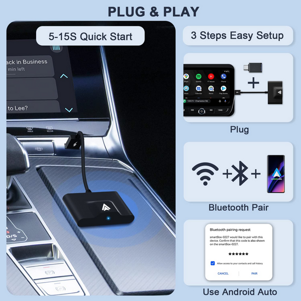 Wireless Android Auto Adapter for OEM Factory Cars Easy Setup Converts Wired to Wireless Auto Android Phones Dongle Plug and Play