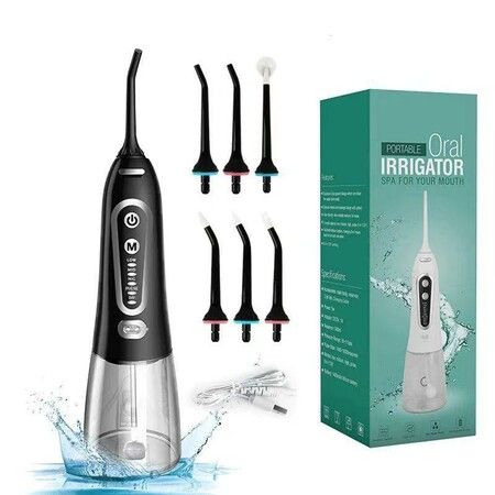 Portable Wireless Oral Irrigator 5 Modes 6 interchangeable Nozzles for All Mouth Needs Deep Cleaning, 300 ml Capacity, Safe IPX7 waterproof, USB Charging Perfect for Home & Travel(Black)