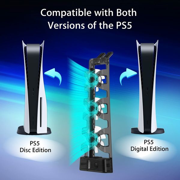 PS5 Cooling Fan with LED Light: Efficient Cooling for Both Disc and Digital Editions, with Horizontal Stand